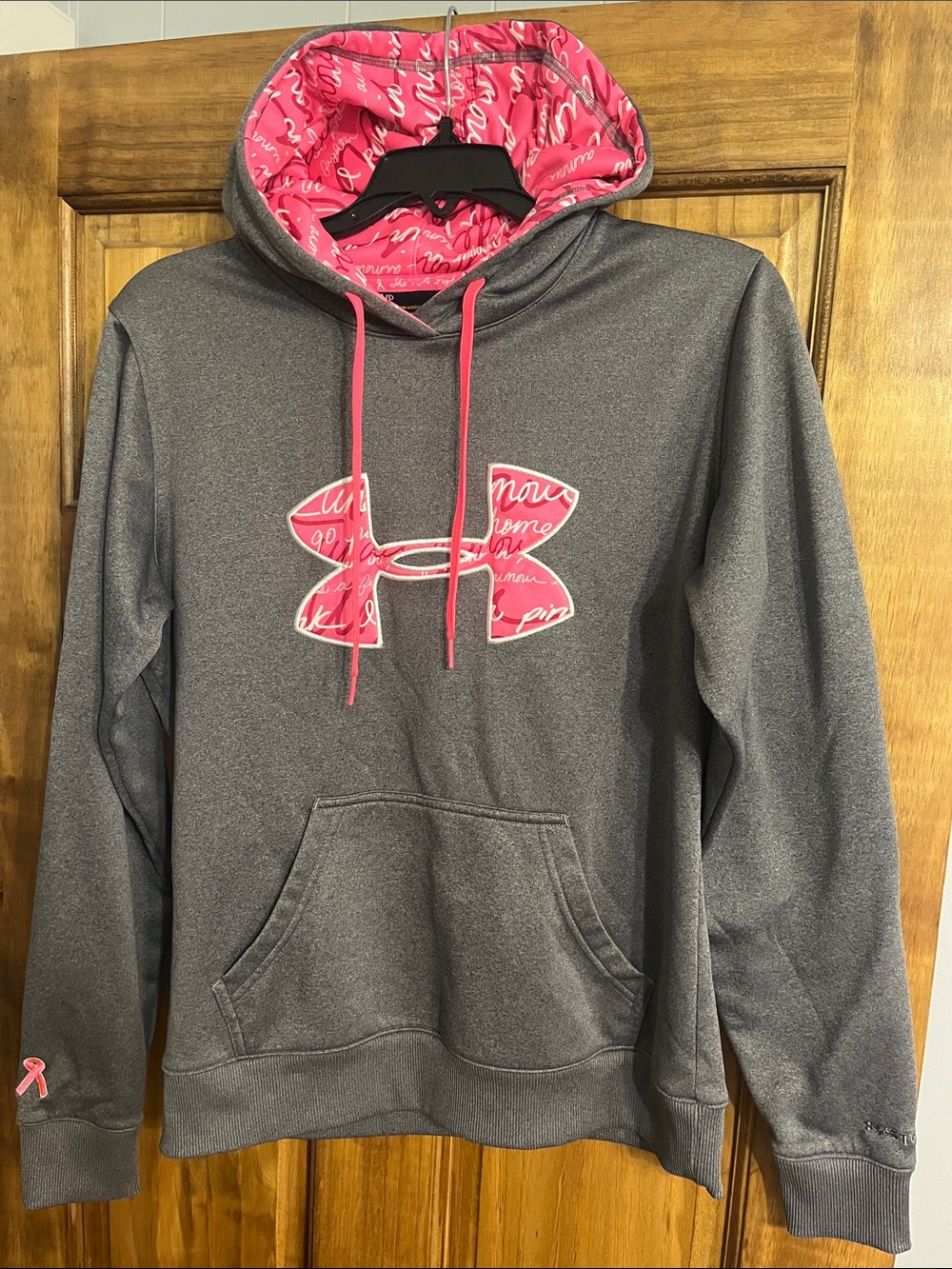 Under Armour Gray Hoodie with Pink Logo & Lined Hood